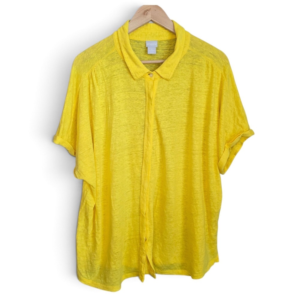 Chicos Shirt Top Womens 4 XXL 20 Yellow Slub Linen Short Sleeve Button Up Casual